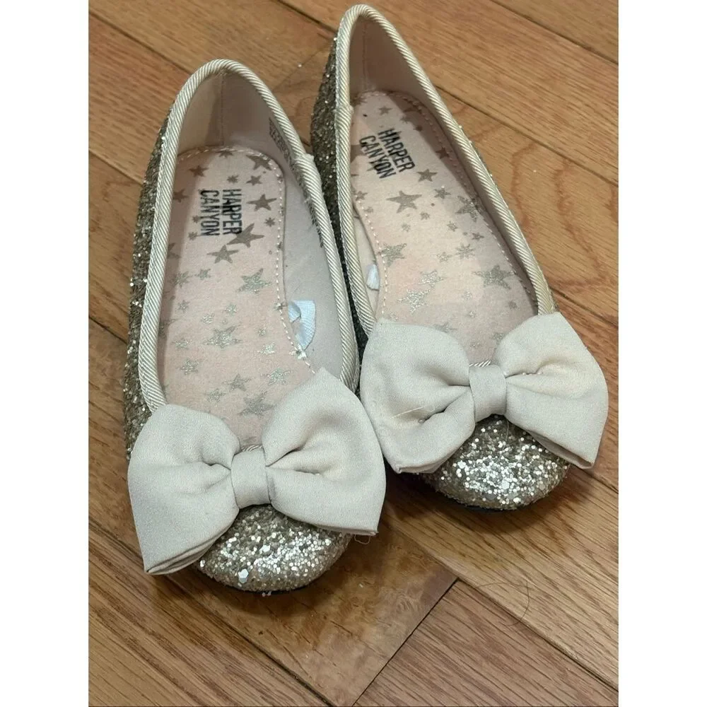 Harper Canyon Girls Gold Glitter Flats with Bow Girls Size 12